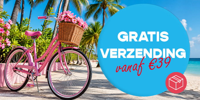 Pink bicycle with flower-filled wicker basket on tropical beach, blue badge reading "Gratis verzending vanaf €39" (free shipping from €39)