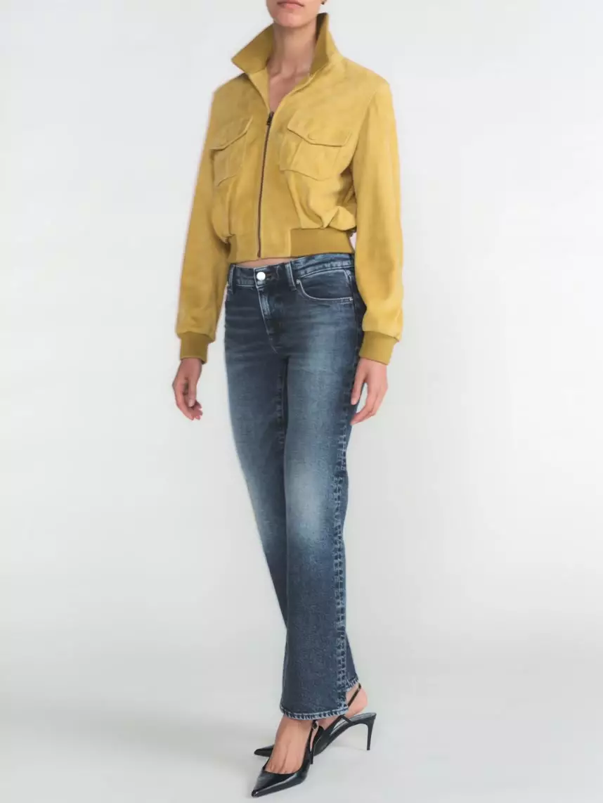 b'The model is wearing The Cigarette in Ravenna paired with The Suede Ace Jacket in Dijon'