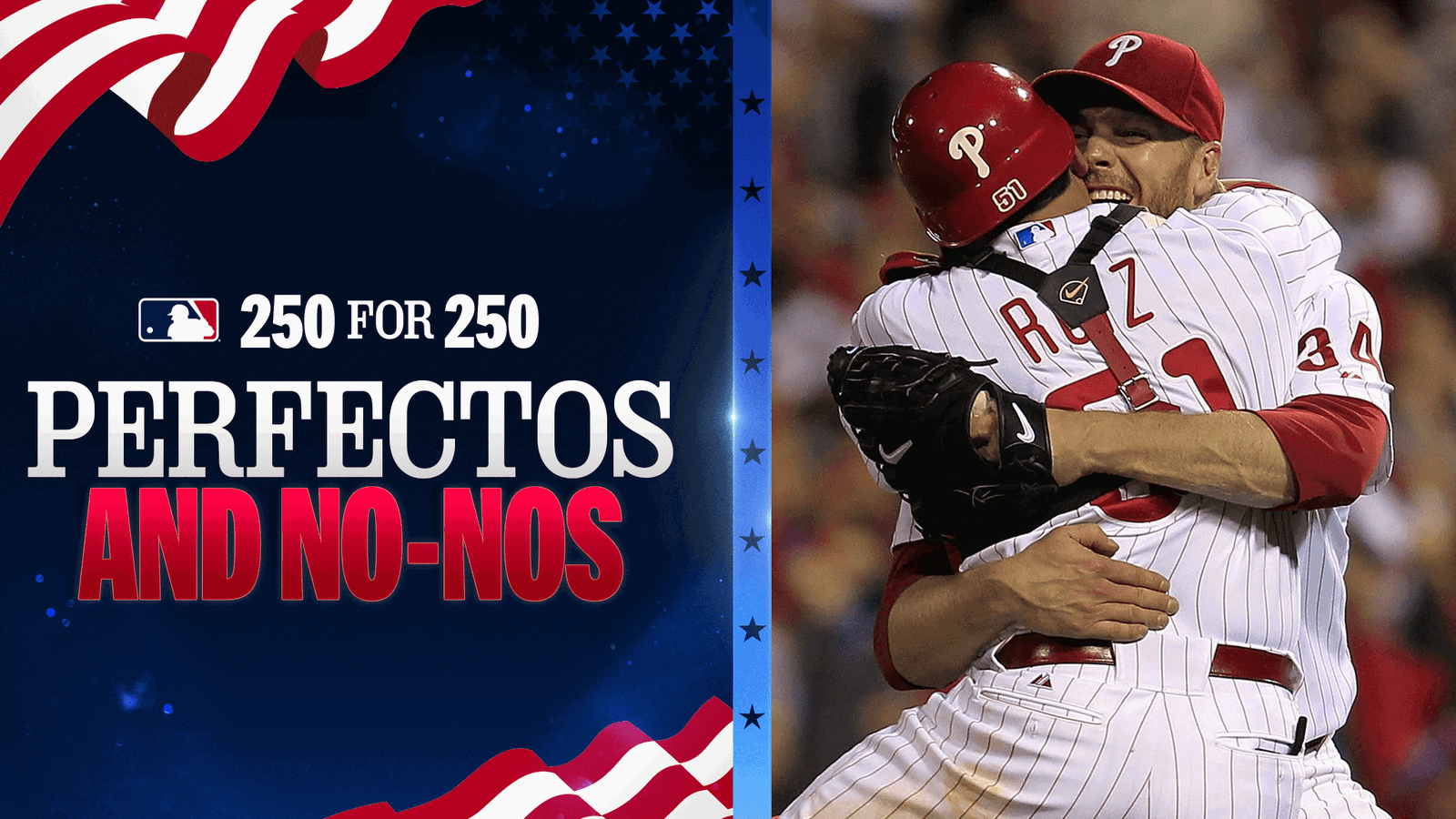 Phillies pitcher Roy Halladay embraces catcher Carlos Ruiz