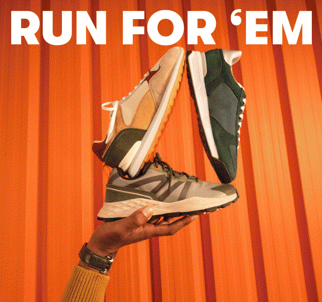 A GIF of a hand holding three trainers and the text 'RUN FOR 'EM'