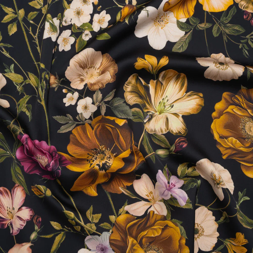 Image of Polyester Satin - Mustard Yellow, Green and Black Floral - Mood Exclusive Garden Tangle Print
