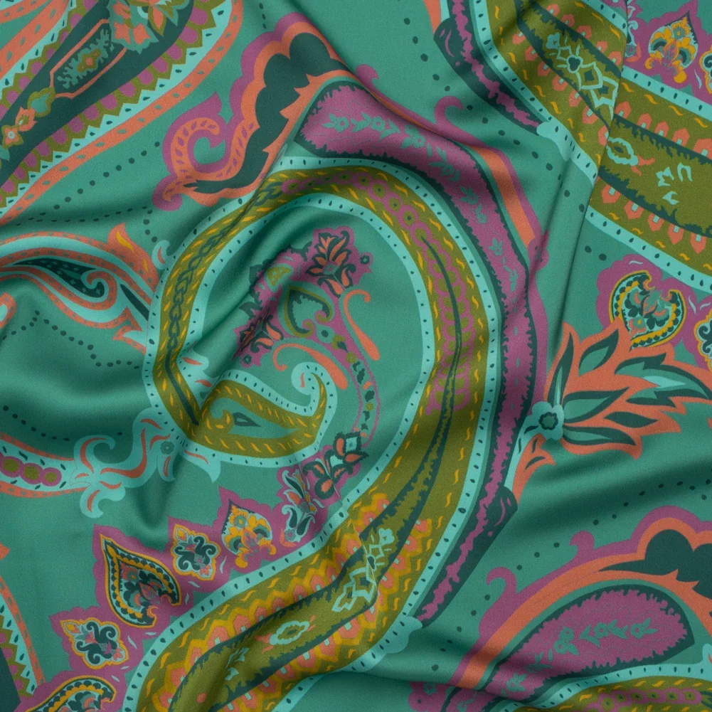 Image of Polyester Satin - Jade Green, Dusty Magenta and Peachy Orange Paisley - Mood Exclusive Swirling Sonata Print