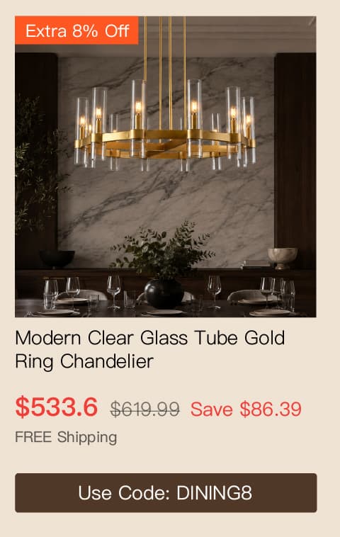 Modern Clear Glass Tube Gold Ring Chandelier