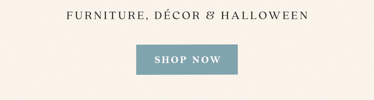 Cream background with text: FURNITURE, DÉCOR & HALLOWEEN above a slate blue call-to-action button reading "SHOP NOW".
