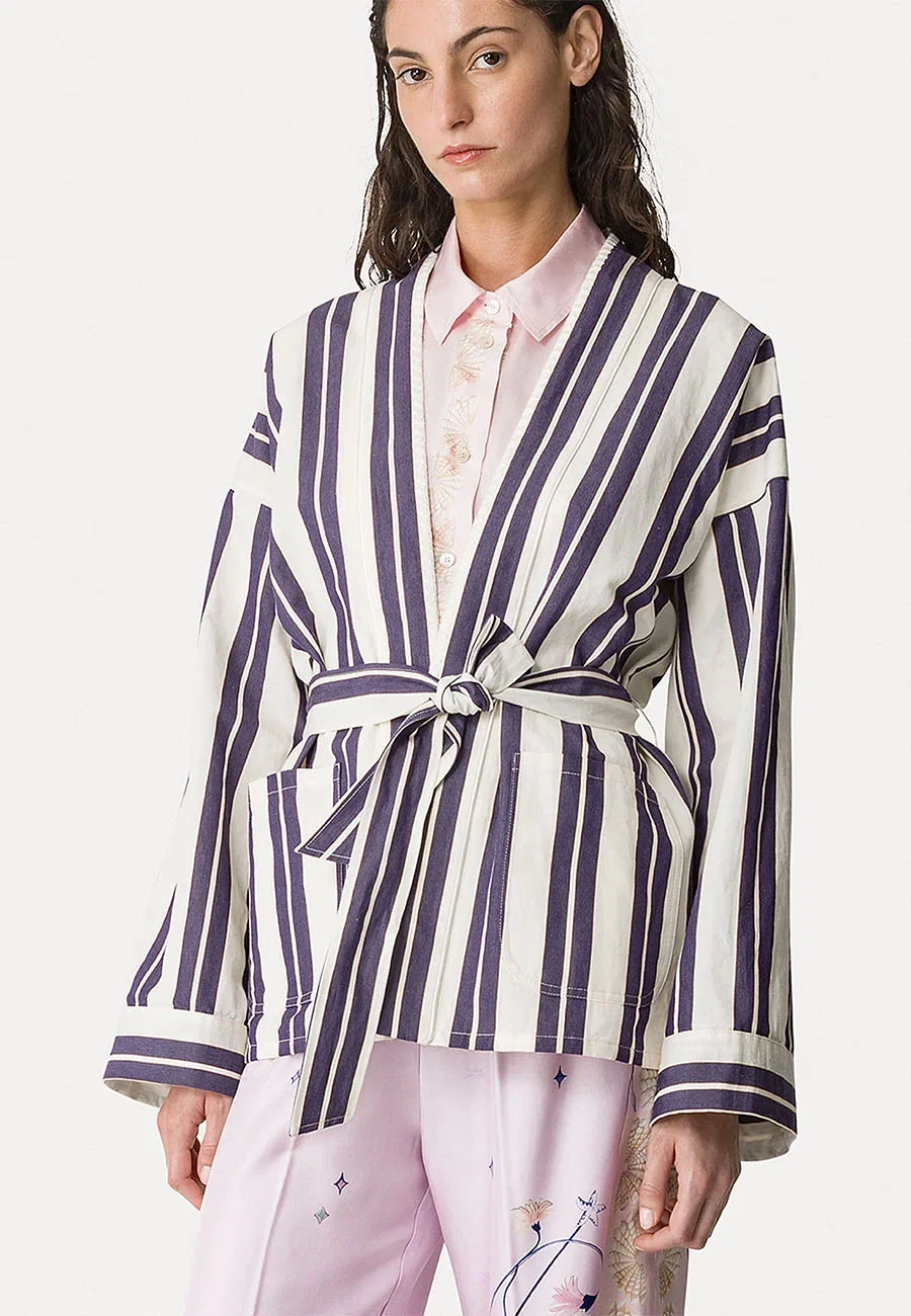 Chic Striped Coat with Embroidery