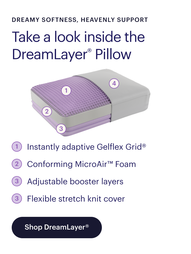 Dreamy softness, heavenly support  Take a look inside the DreamLayer® Pillow  Instantly adaptive Gelflex Grid® Conforming MicroAir™ Foam Adjustable booster layers Flexible stretch knit cover  Shop DreamLayer®