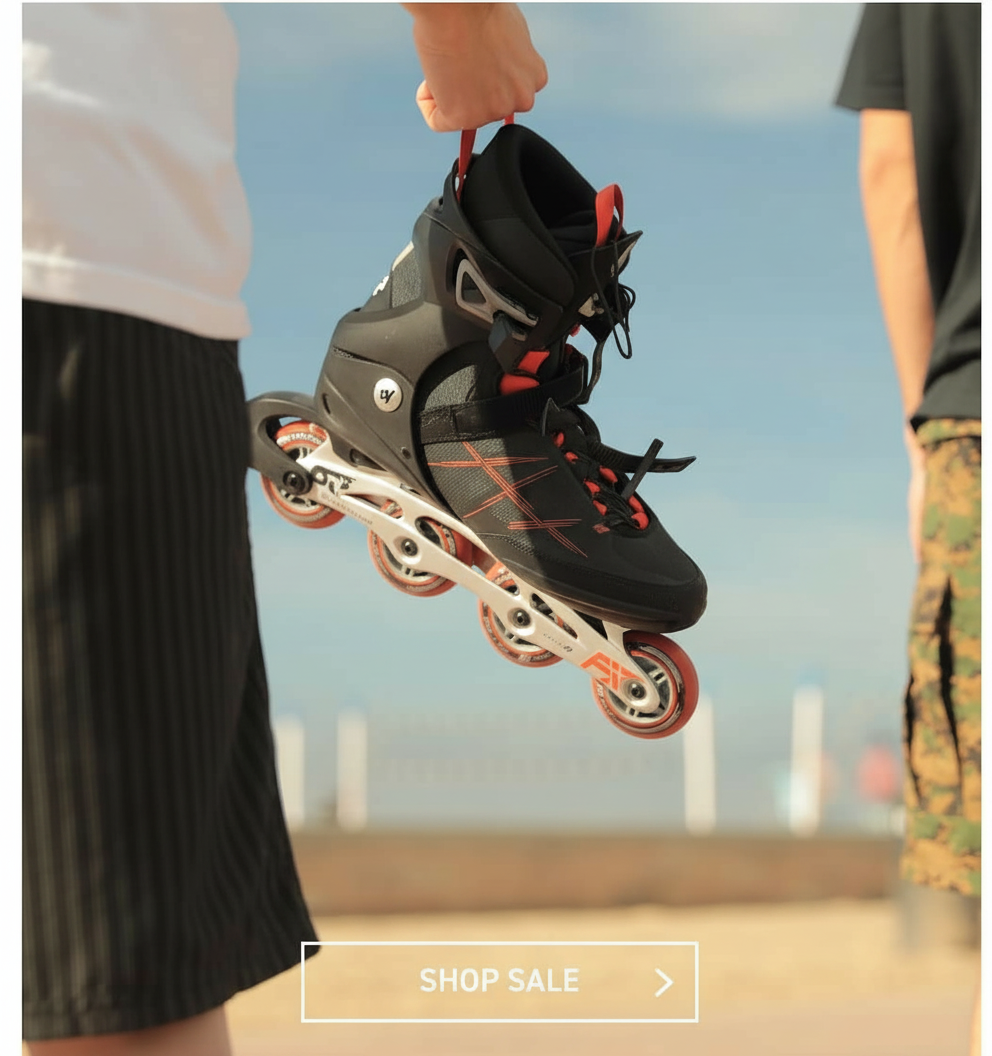 A person holds up a black and red inline skate with orange wheels against a blue sky.