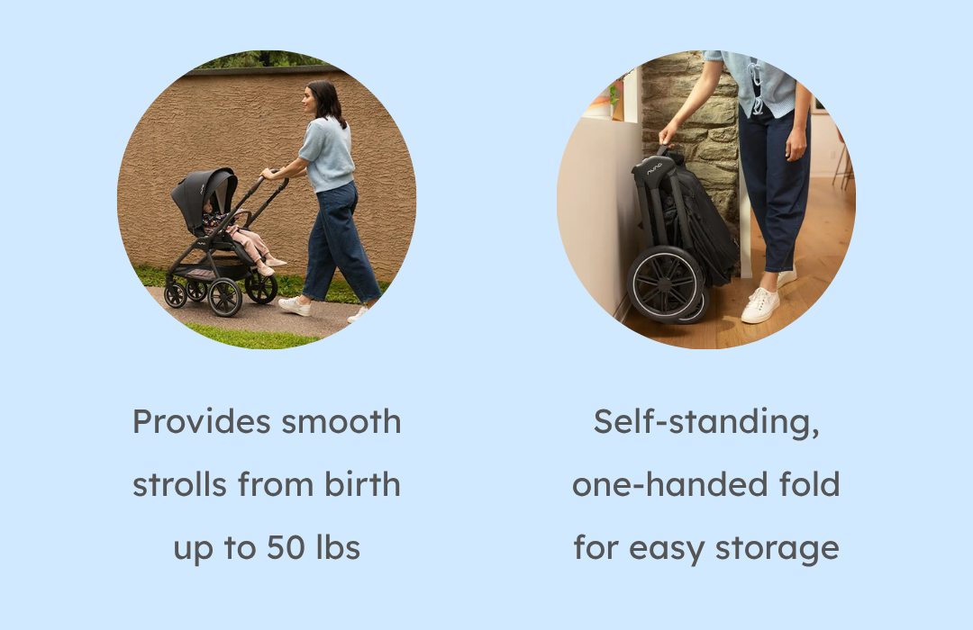 Provides smooth strolls from birth up to 50 lbs | Self-standing, one-handed fold for easy storage