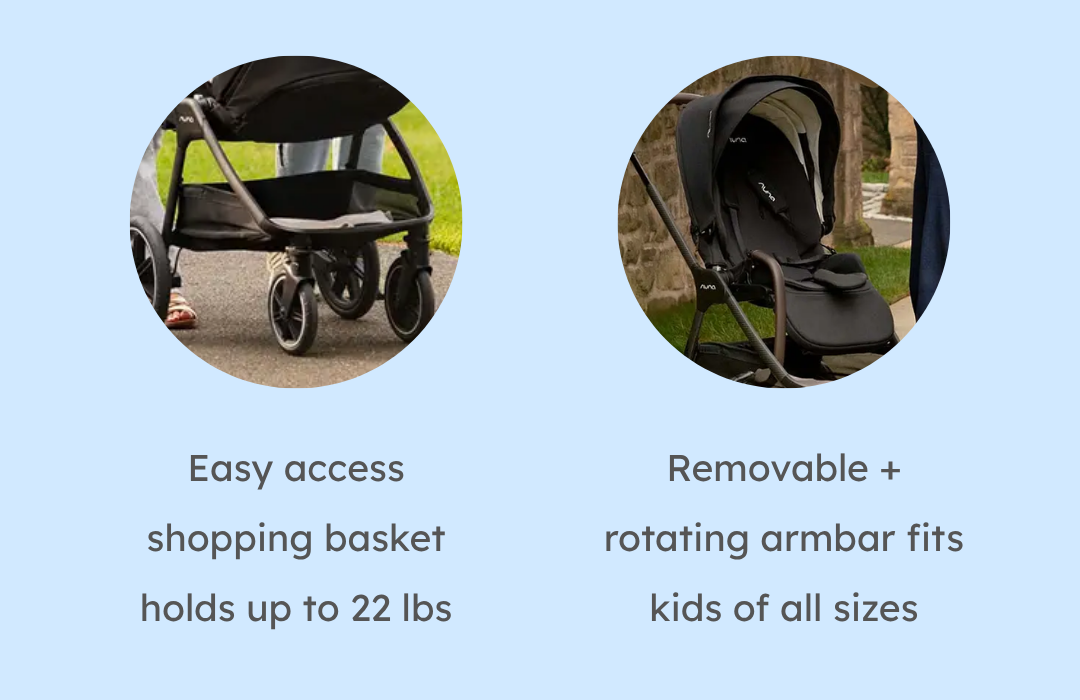 Easy access shopping basket holds up to 22 lbs | Removable + rotating armbar fits kids of all sizes