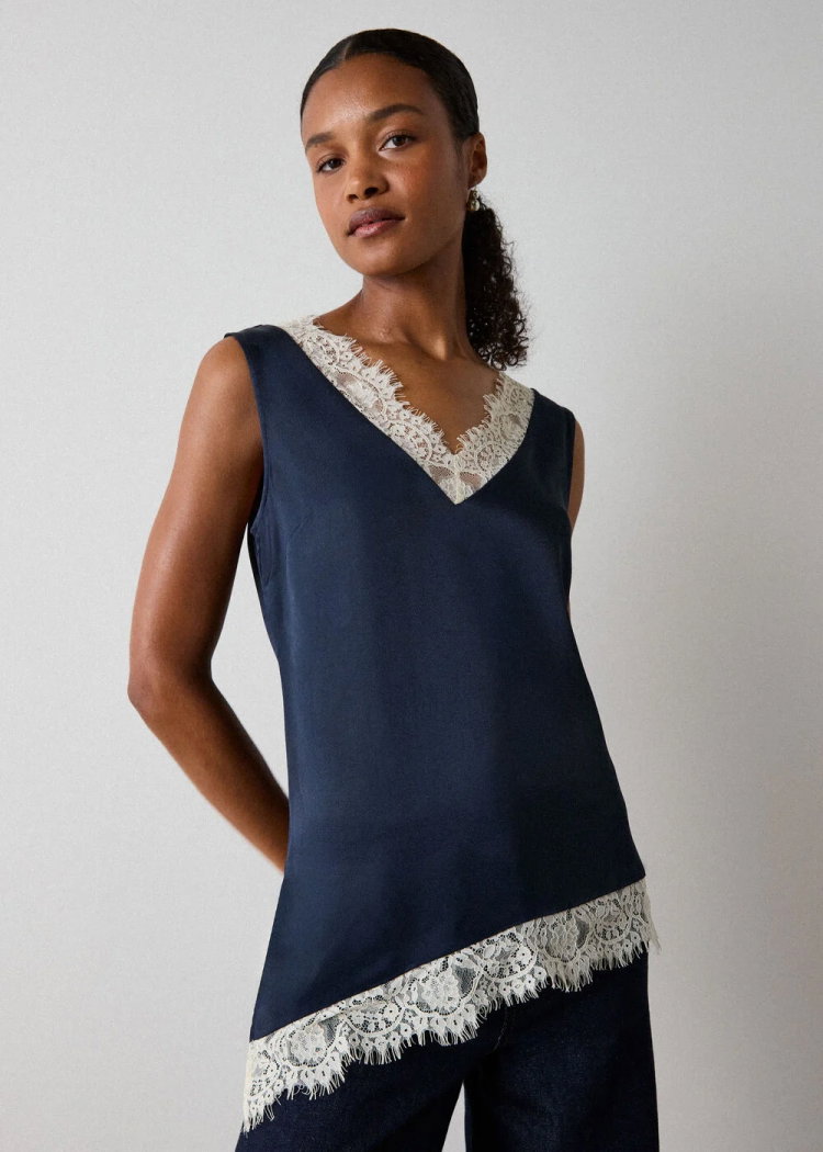 Navy Lace Trim Satin Cami Top