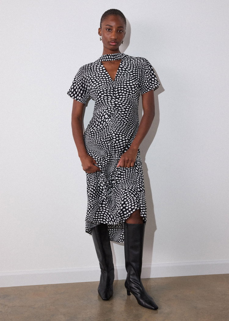 Black Mixed Spot V Neck Midi Dress