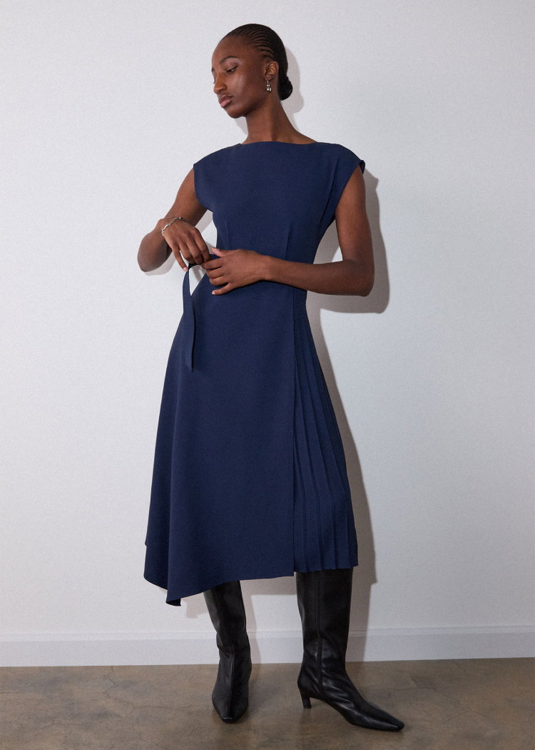 Navy Pleat Detail Asymmetric Midi Dress