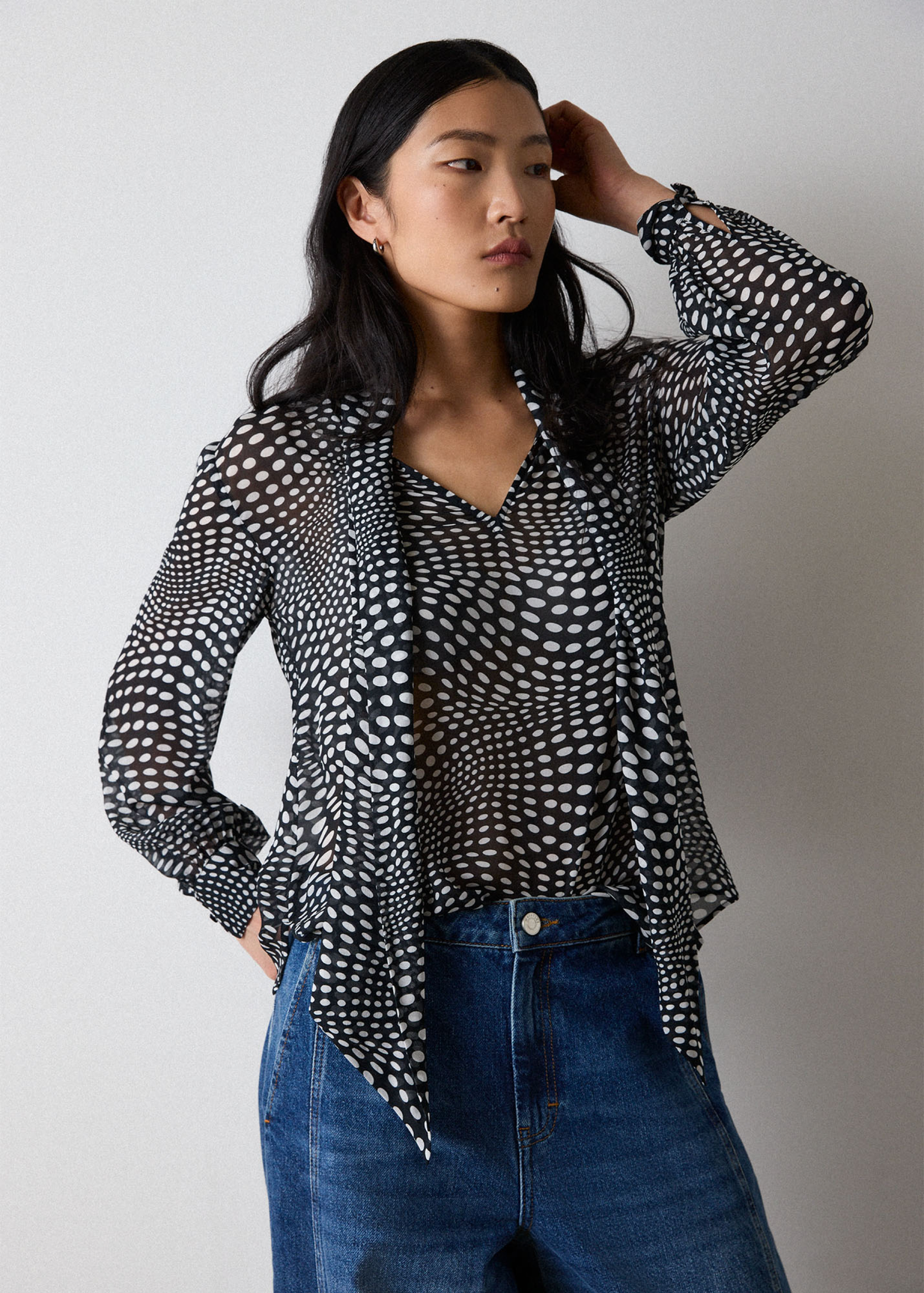 Black Mixed Spot Scarf Sheer Blouse