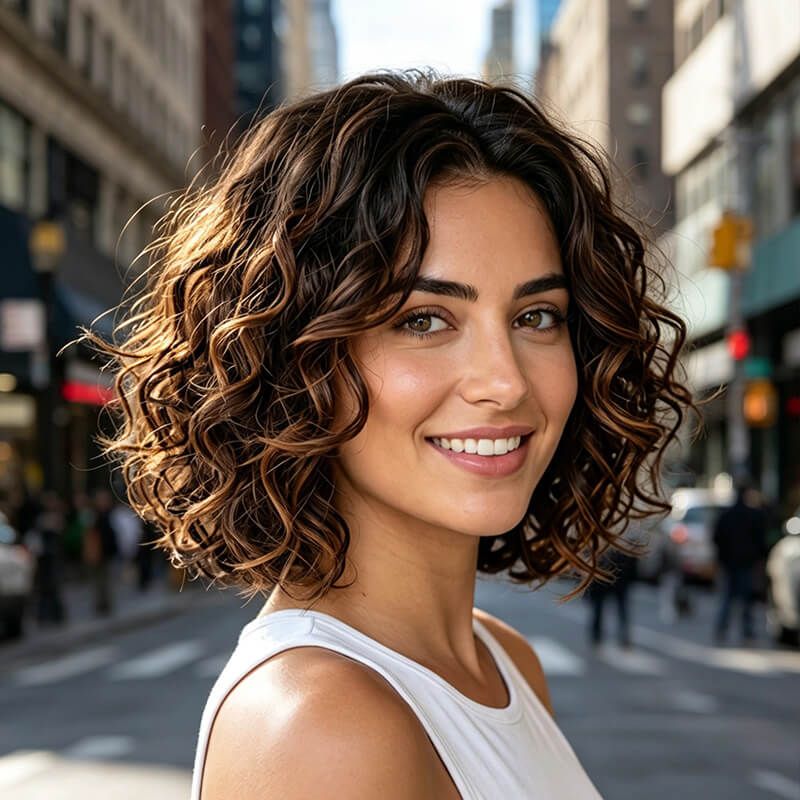 Wear and Go Wigs Brown Balayage Loose Curly Bob Wig Short Human Hair Wig for Black Women