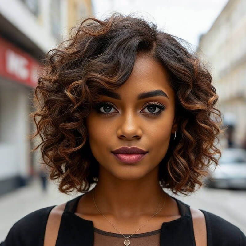 Brown Highlight Short Bouncy Bob Curly Hairstyles Glueless Human Hair Wigs