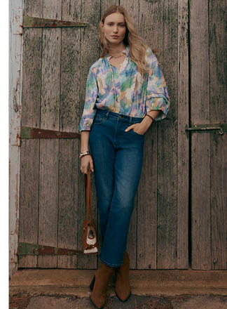 Linen Blend Layered Watercolour Notch Neck Top