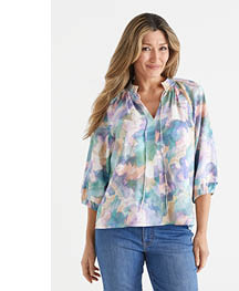 Linen Blend Layered Watercolour Notch Neck Top