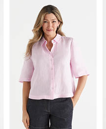 Linen Short Sleeve Curved Hem Shirt