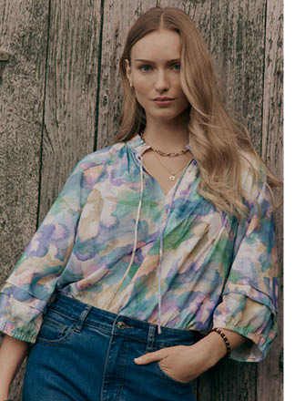 Linen Blend Layered Watercolour Notch Neck Top