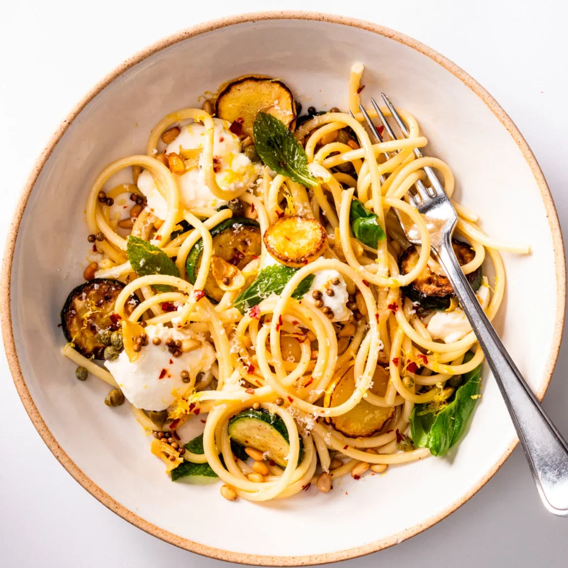 Bucatini with Charred Zucchini, Mint, and Lemon