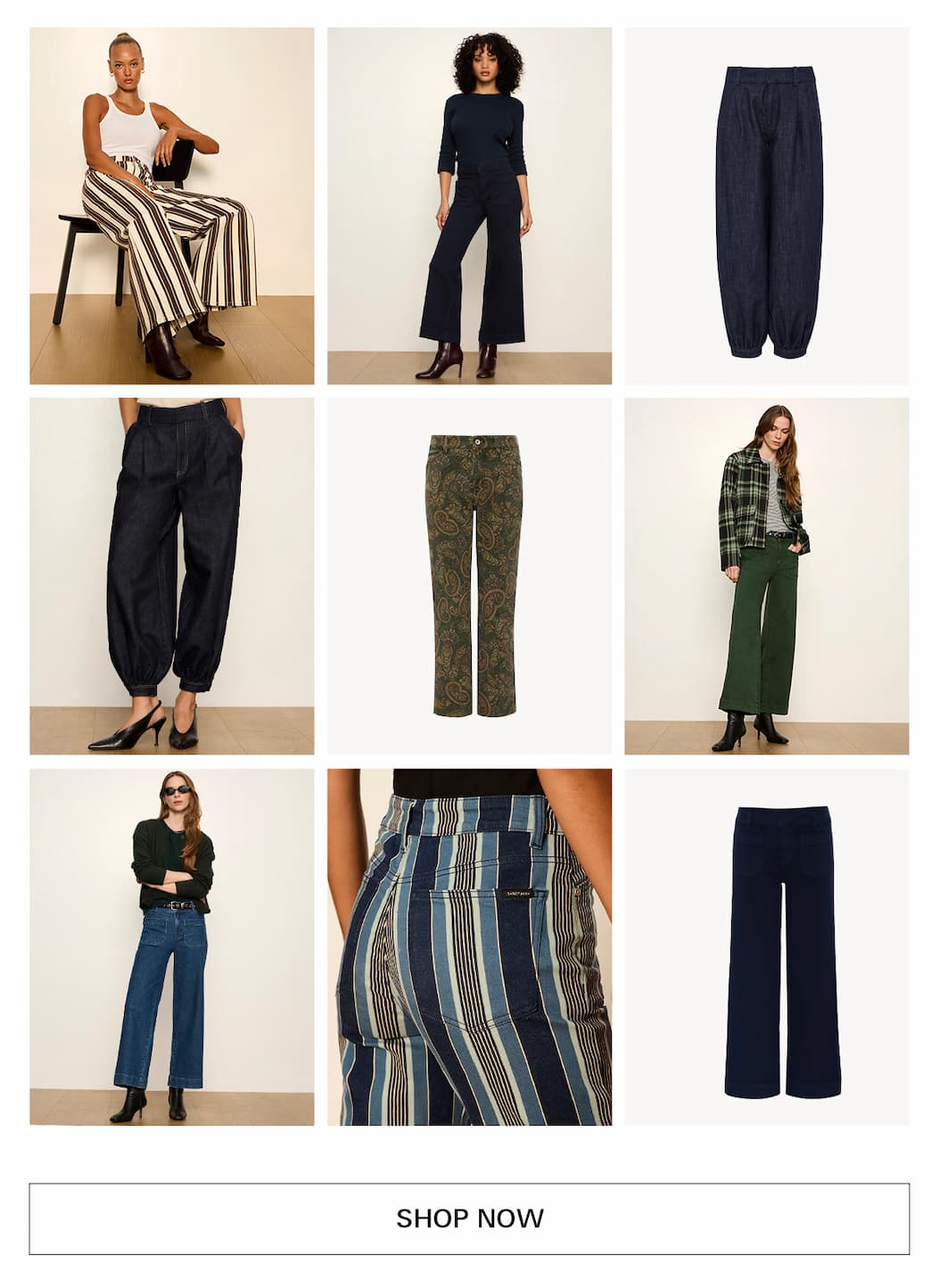 grid of new denim in multiple colors, stripes, and fits