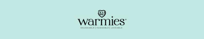 Warmies logo on blue. Shop Warmies.