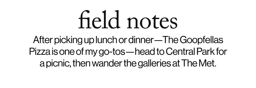 field notes -  After picking up lunch or dinner—The Goopfellas Pizza is one of my go-tos—head to Central Park for a picnic, then wander the galleries at The Met.