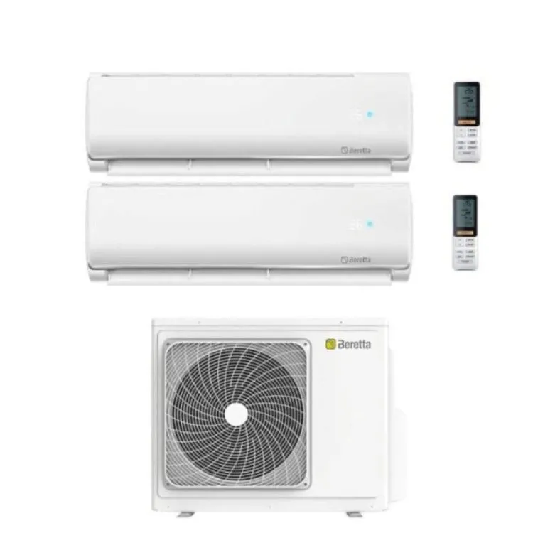 Dual-split Beretta air conditioning system showing two white wall-mounted indoor units with two remotes and one outdoor condenser unit