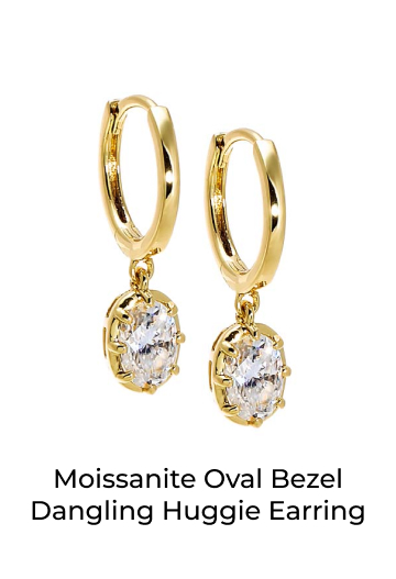 Moissanite Oval Bezel Dangling Huggie Earring