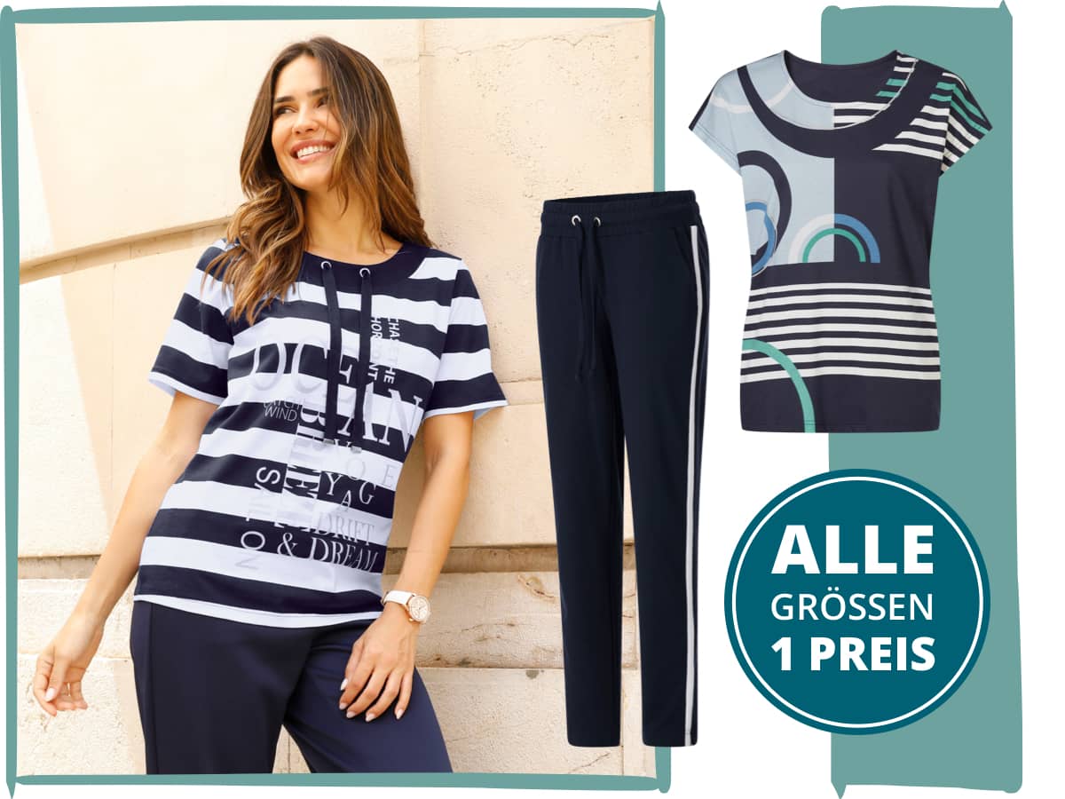 Ein Model trägt ein kurzärmeliges Shirt mit weißen und dunkelblauen breiten Streifen und dunkelblaue Hose. Daneben sind ein kurzärmeliges Shirt mit blau-weißen Mustern und eine dunkelblaue Hose mit weißem Streifen abgebildet. Streifen-Looks. Alle Größen ein Preis. Bild oder Schaltfläche darunter anklicken, um in den Shop zu gelangen >