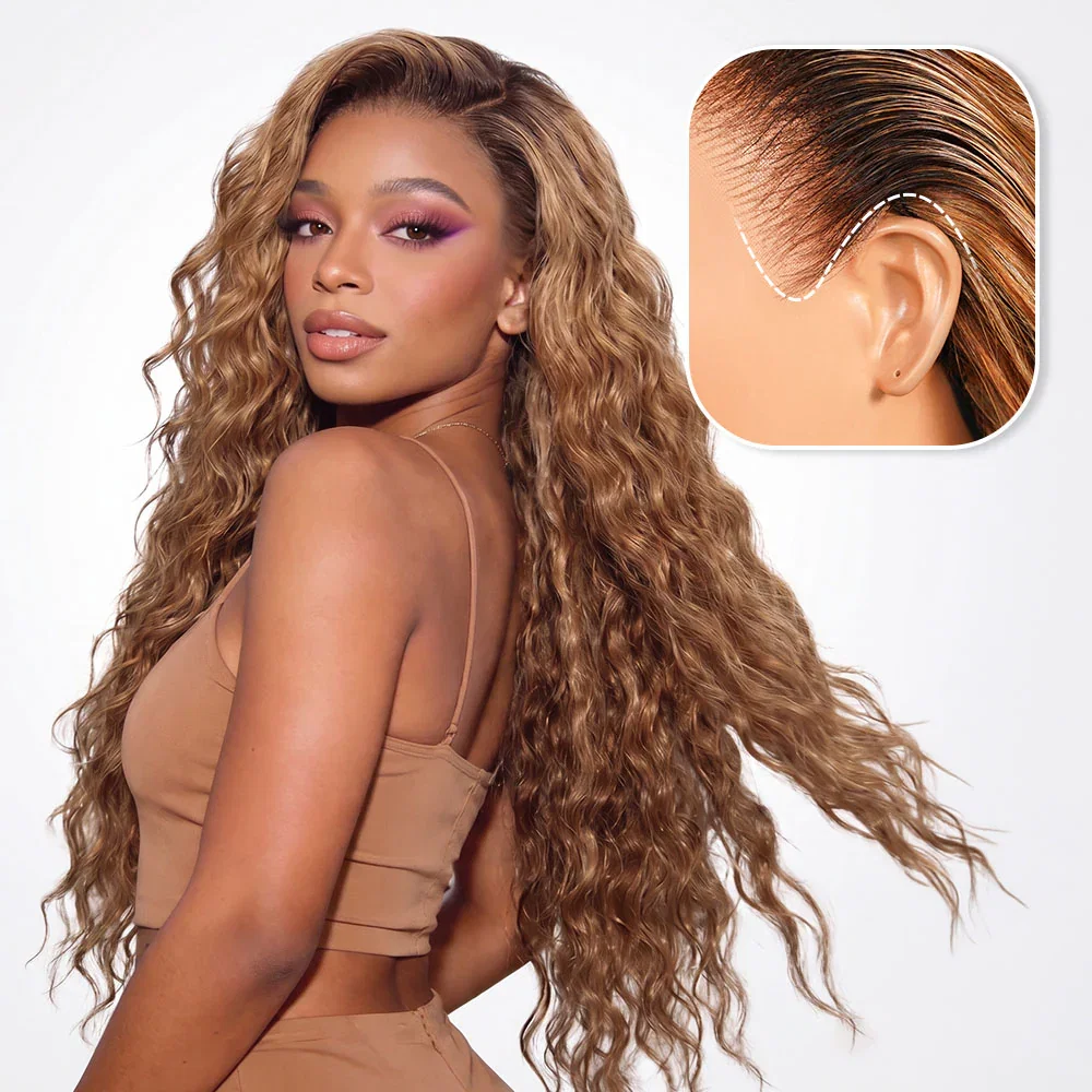 Megalook 13x6 Three-Go™ Bohemian Natural Curl Highlight Honey Blonde Glueless Wigs With Drawstring 100% Human Hair Wig