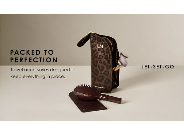Packed To Perfection - Travel accessories designed to keep everything in place. Jet-Set-Go! (image of makeup brush holder and hairbrush)