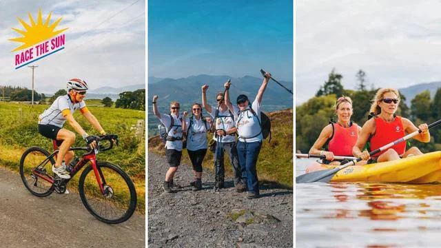Participants cycling, hiking and kayaking during Race the Sun fundraising events.