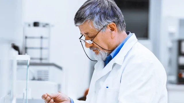 Older scientist in a laboratory wearing a white lab coat and examining a small sample.