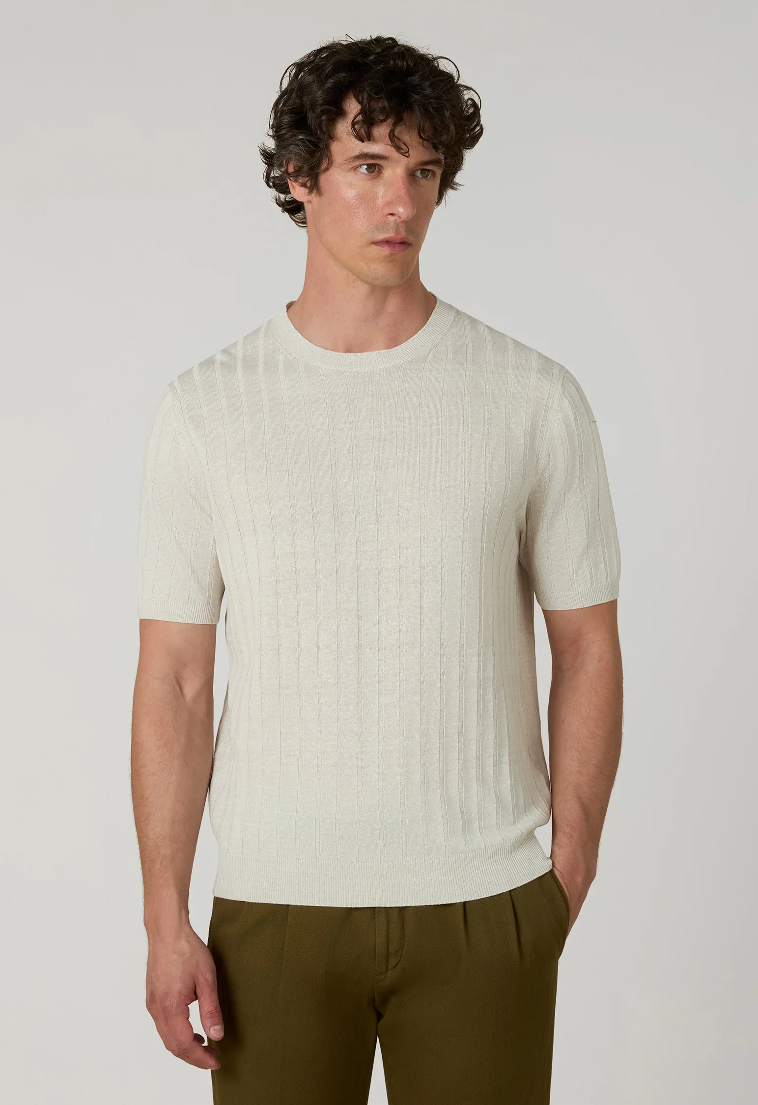 Image of T-Shirt in lino e cotone a coste piatte bianco caldo
