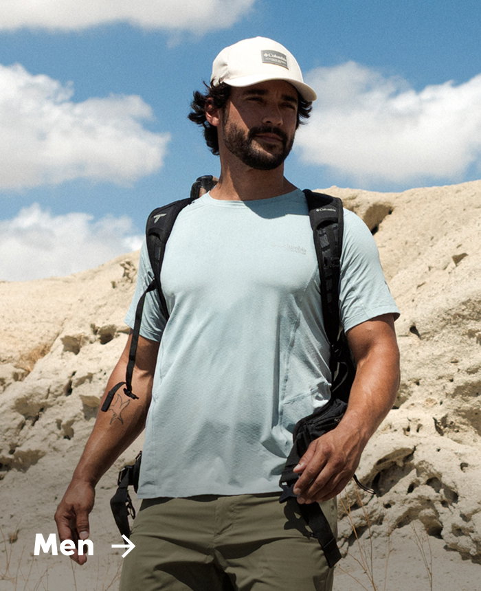 A man wearing hiking gear in a desert with text: Men