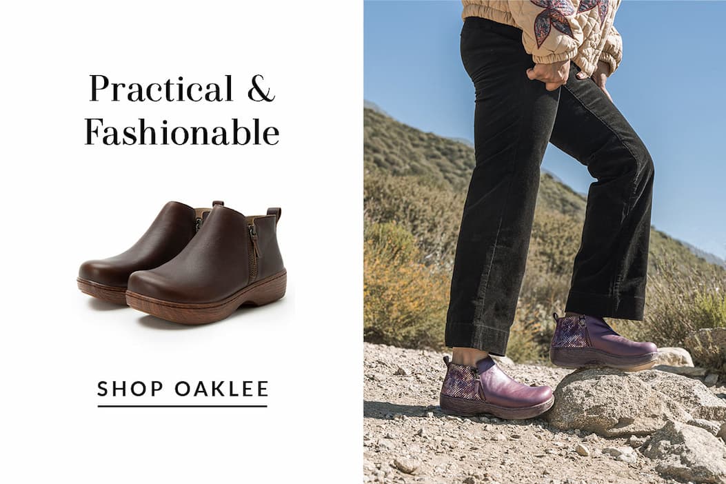 Practical & Fashionable feature showcasing brown leather Oaklee ankle boots on a white background alongside a person wearing purple snakeskin-accented Oaklee booties outdoors. Text reads 'SHOP OAKLEE'.