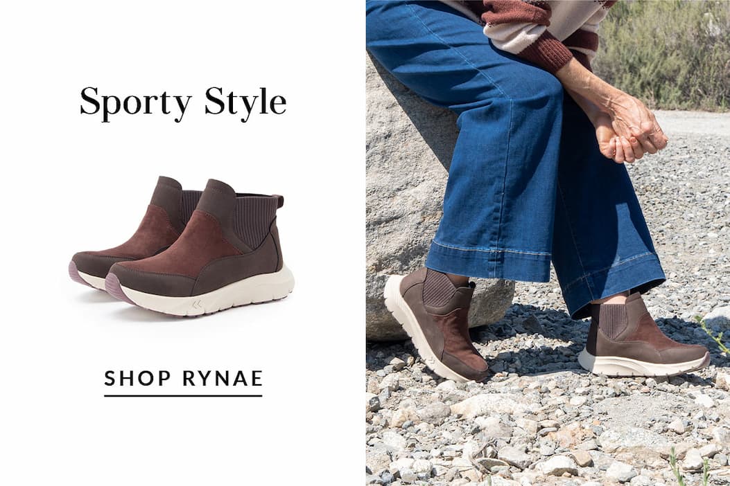 Sporty Style feature presenting brown and burgundy suede Rynae slip-on sneaker boots on a white background and on a model sitting outdoors in wide-leg jeans. Text reads 'SHOP RYNAE'.