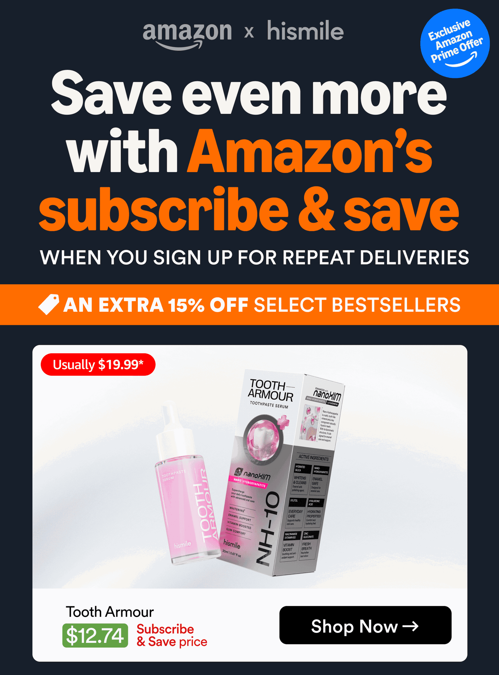 Save even more with Amazon’s subscribe & save when you sign up for repeat deliveries. An Extra 15% off select bestsellers. Tooth Armour usually $19.99*, $12.74 Subscribe and Save Price.