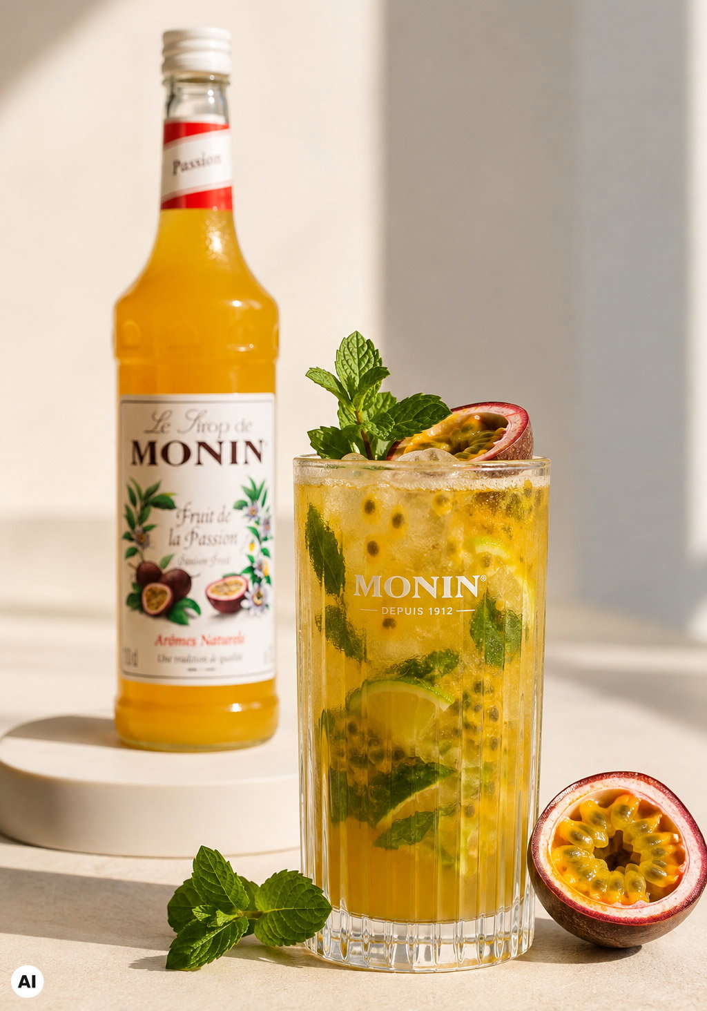 Tall glass of passionfruit cocktail with mint and lime seeds beside a Monin passion fruit syrup bottle and halved passionfruit