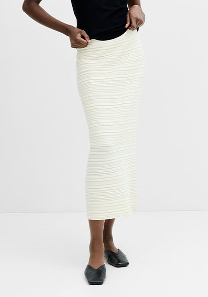 Mayim Ribbed Knit Cream Midi Skirt