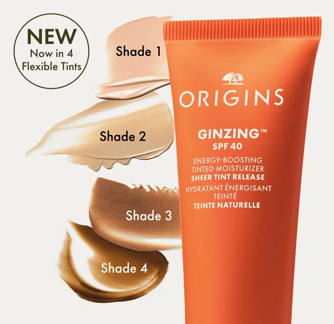Closeup -f a tube of GinZing™ SPF 40 Tinted Moisturizer next to cream swatches of the new four tints.