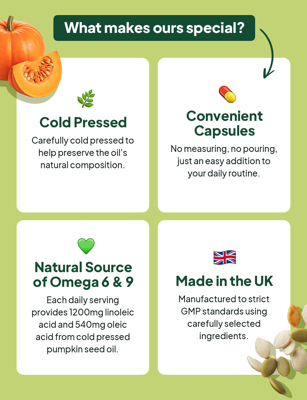 What makes ours special? cold presses, convenient capsules, natural source of omega 6 & 9 and made in the UK