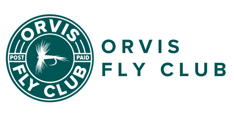 Teal orvis fly club logo with teal 'orvis fly club' text to the right