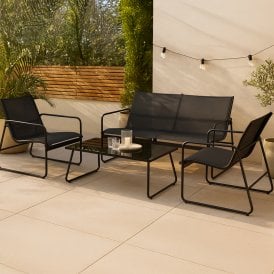 4 Piece Garden Patio Furniture Set Modern Mesh Fabric Outdoor Terrace Dining - 2 x Armchairs, Loveseat, Glass Top Table