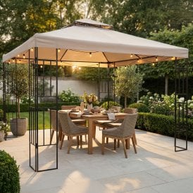 3m x 3m Outdoor Steel & Polyester Gazebo - 2 Tier Modern Marquee with Decorative Frame - Beige