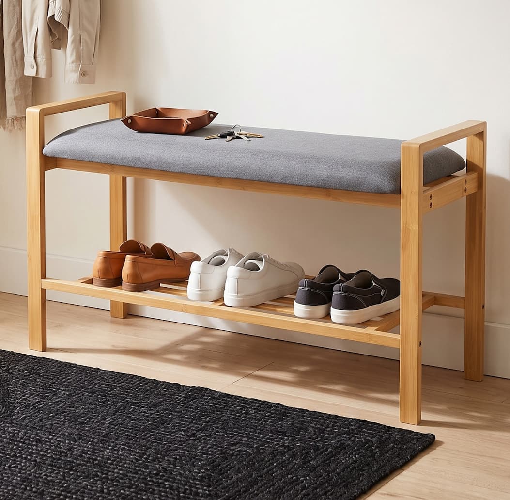Entryway Bamboo Bench with Shoe Shelf and Polyester Cushion
