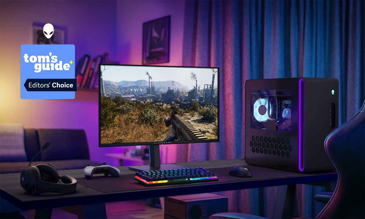 Gaming set up using the AW2726DM Monitor along with Alienware accessories and Tom's Guide Editors' Choice Badge