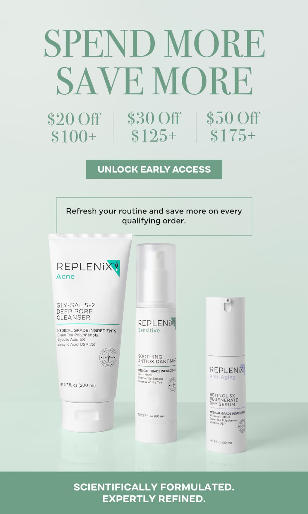 Replenix Fall Skin Prep Event featuring tiered savings: Save $20 on $100+, Save $30 on $125+, and Save $50 on $175+, automatically applied at checkout.