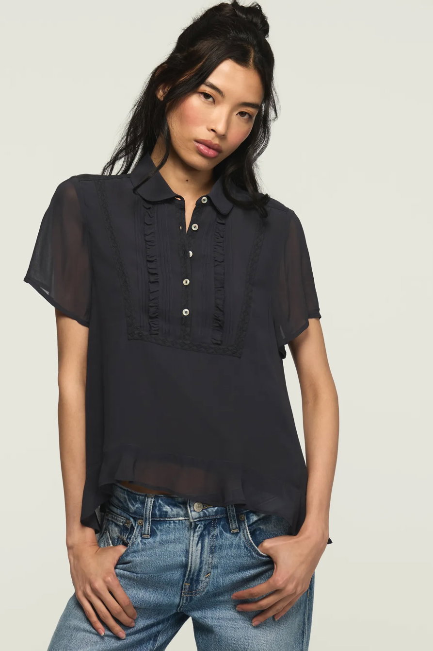Image of Lucky Brand High Low Short Sleeve Ruffle Shirt - Women's Clothing Button Down Tops Shirts in India Ink